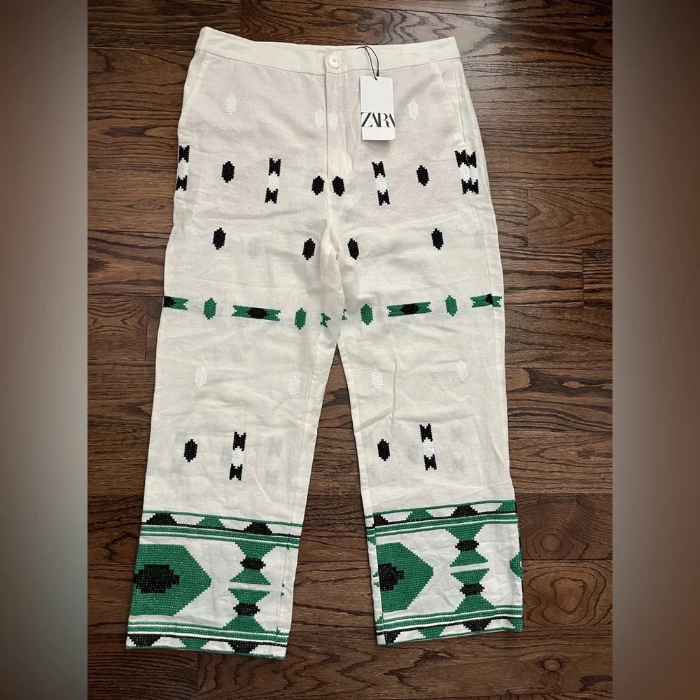 NWT Zara WOMAN WideLeg Cropped Embroidered Linen‑blend Pants. Size XL